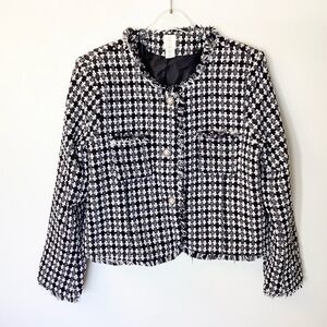 Joie Houndstooth Tweed Jacket With Raw Hem - Black/White - XL